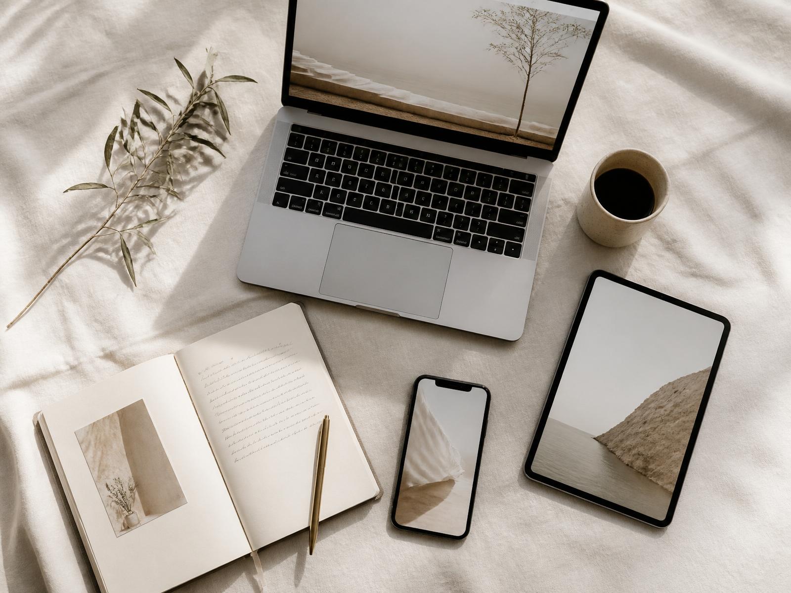 Notebook, tablet, celular, caderno, caneta e xícara de café da área de membros do Programa Ela Voltou